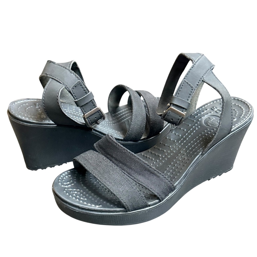 Crocs Wedge Sandals Women 6 Black Leigh II Ankle Strap Platform Comfort Casual